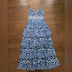House of Harlow 1960 blue and white geometric pattern tiered maxi dress size M